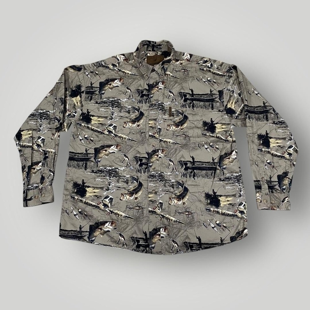 North River Shirt‎ Mens XL Tan Fishing Bass Print Button Front Long Sleeve